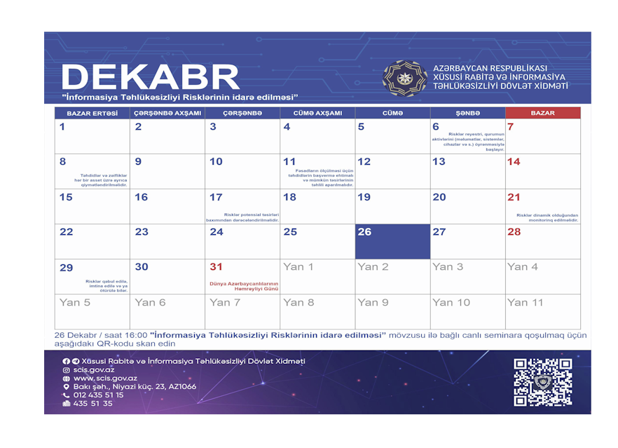 İnformasiya təhlükəsizliyi təqvimi layihəsi çərçivəsində dekabr ayı üzrə növbəti vebinar başlayır