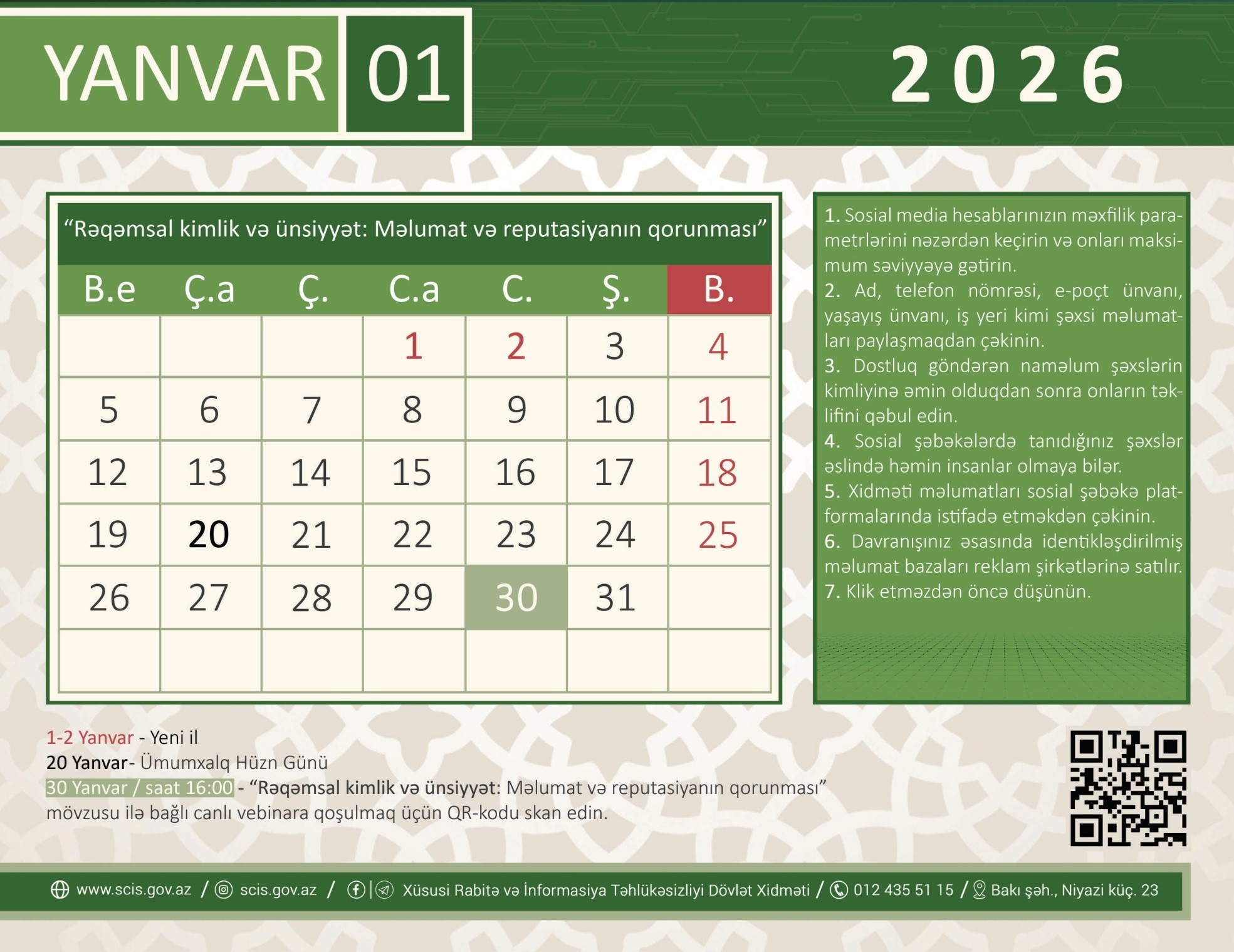 İnformasiya təhlükəsizliyi təqvimi layihəsi çərçivəsində yanvar ayı üzrə növbəti vebinar başlayır
