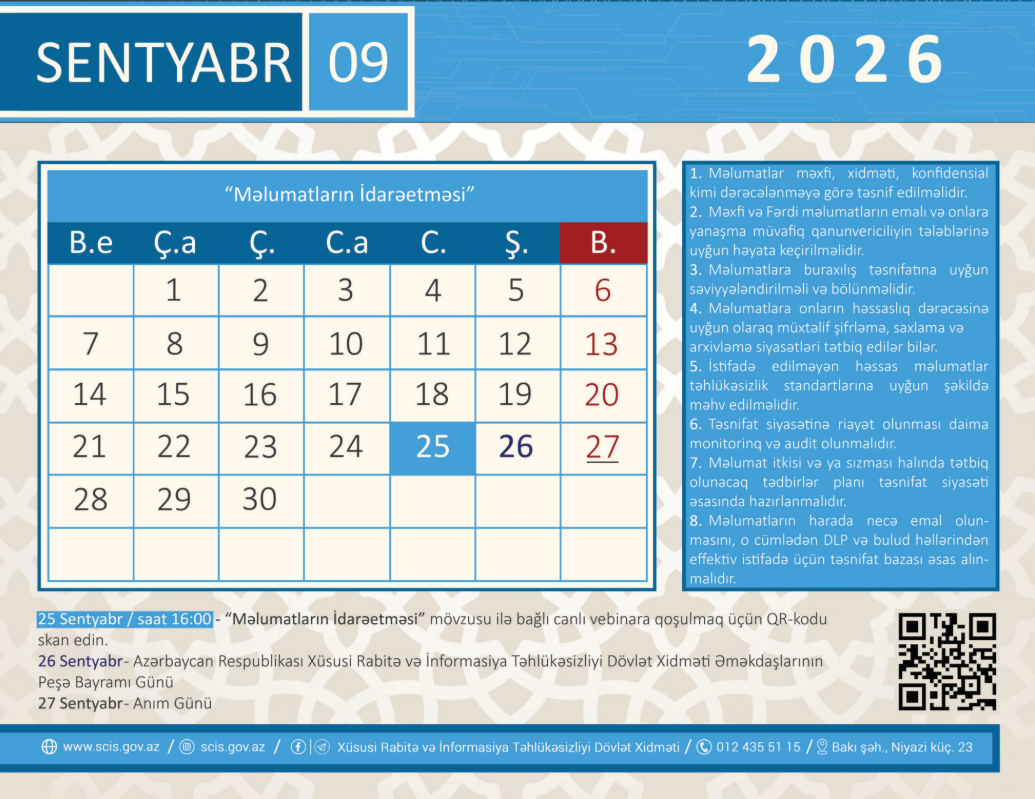 İnformasiya təhlükəsizliyi təqvimi layihəsi çərçivəsində sentyabr ayı üzrə növbəti vebinar başlayır